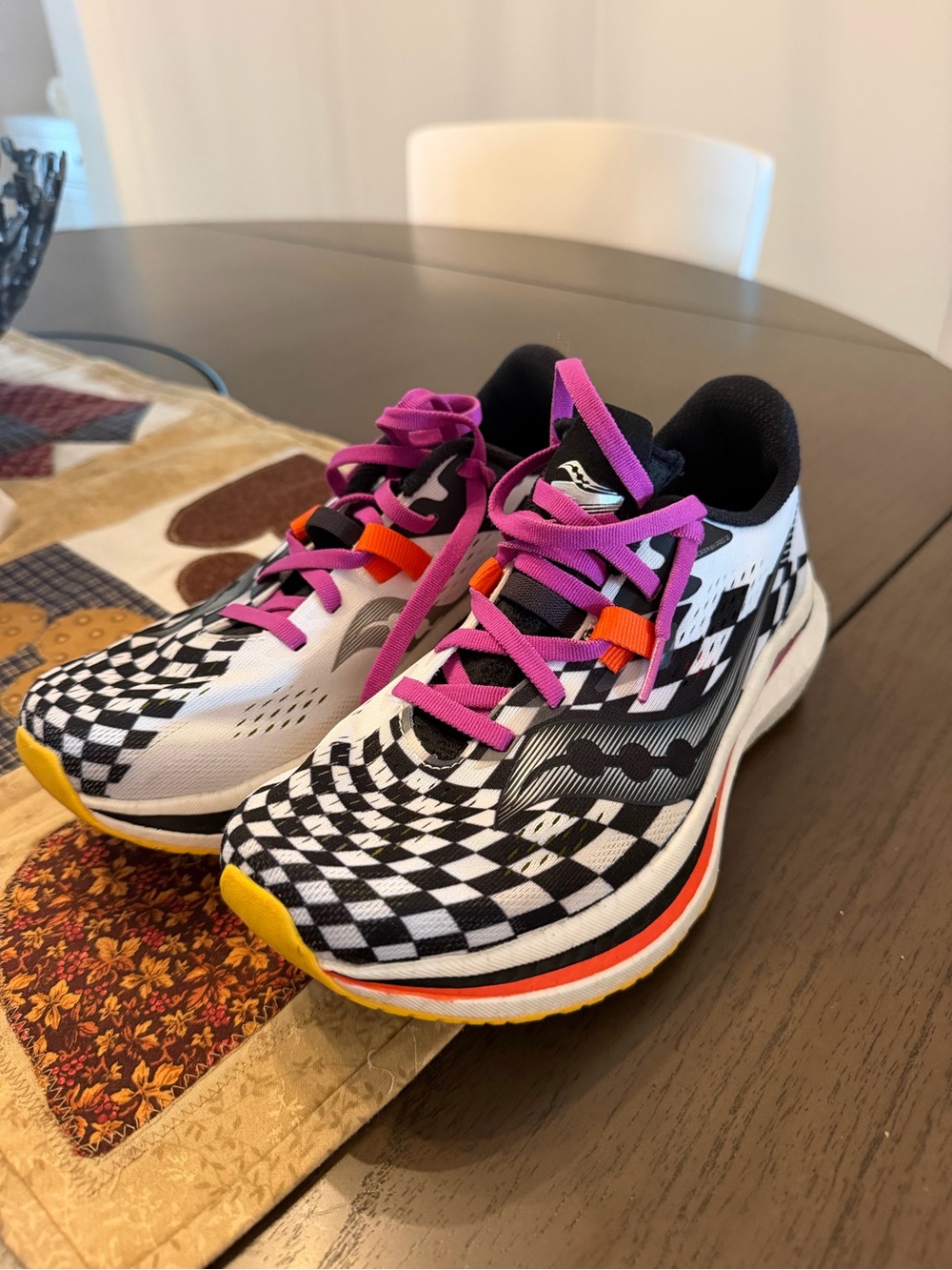 Saucony Women's Checkerboard Running Shoes - Black/White with Pink Accents